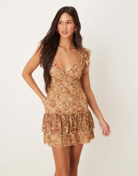 Motel lotri lace wrap ruffle edge mini dress in brown - view 1