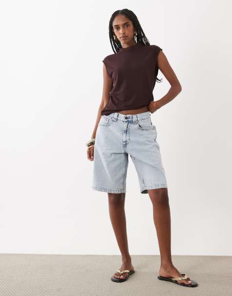 Motel low rise denim jorts in light wash blue - view 1