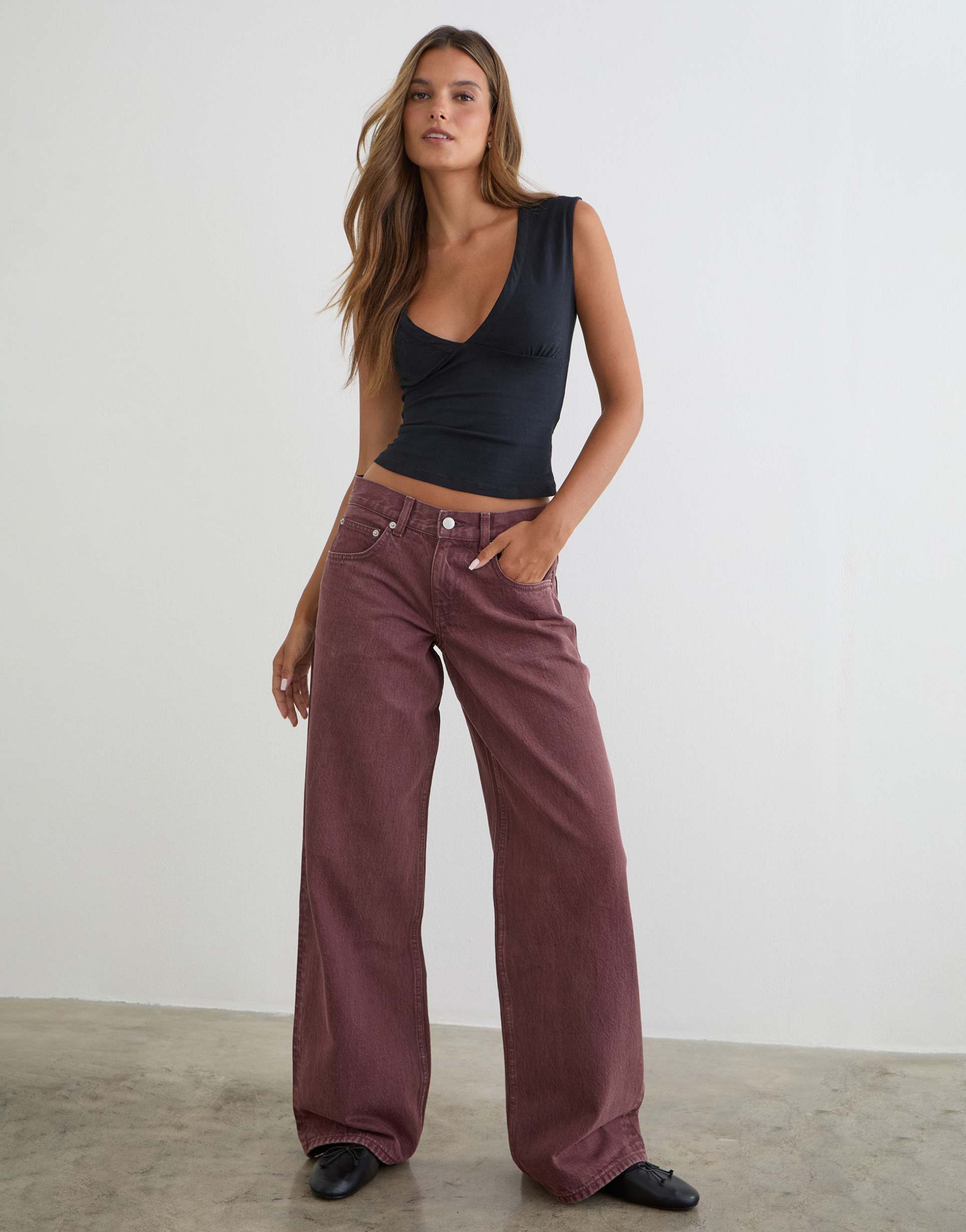 motel low rise roomy jeans in burgundy