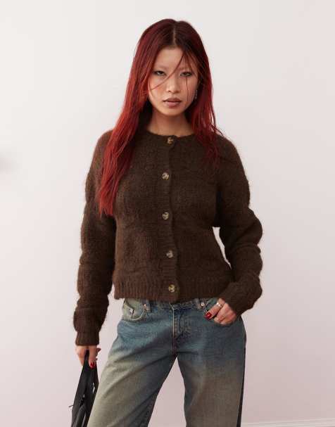 Motel luciana fluffy pointelle cardigan in dark brown - view 1