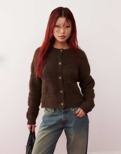 Motel luciana fluffy pointelle cardigan in dark brown