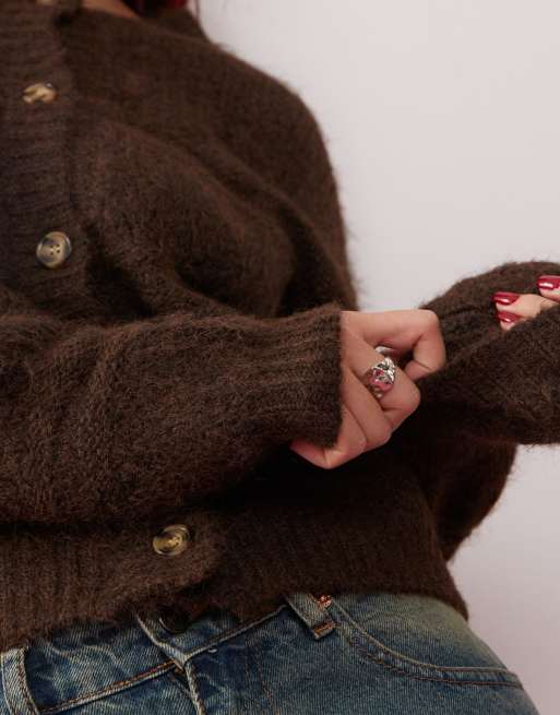 Motel luciana fluffy pointelle cardigan in dark brown ASOS