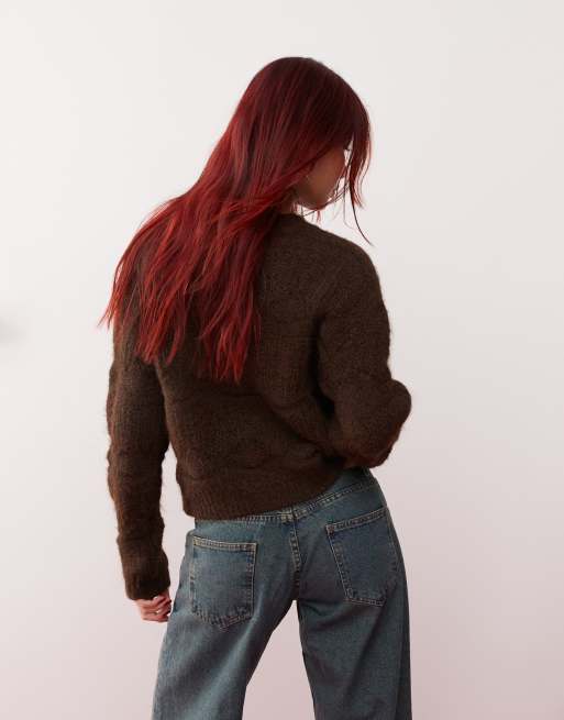 Motel Luciana fluffy pointelle cardigan in dark brown, 4 of 4