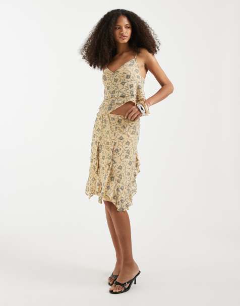 Motel Luisa winding floral floaty midi skirt in ivy pale yellow - view 1