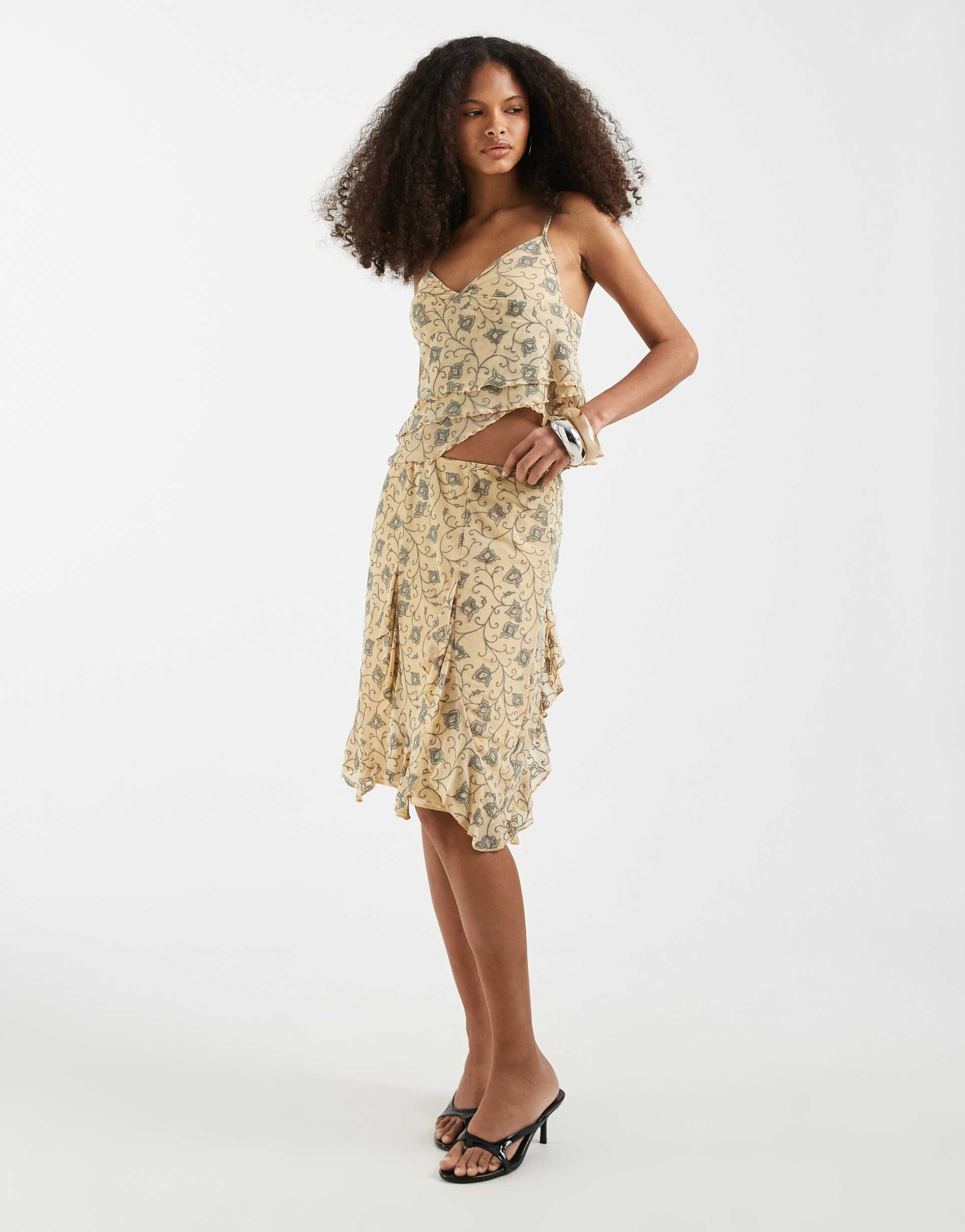 motel luisa winding floral floaty midi skirt in pale yellow ivy