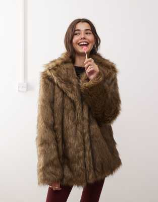 lupita longline faux fur jacket in brown