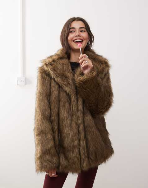 Motel lupita longline faux fur jacket in brown - view 1