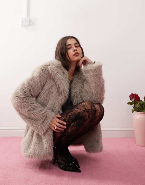 Motel lupita longline faux fur jacket in taupe - view 1