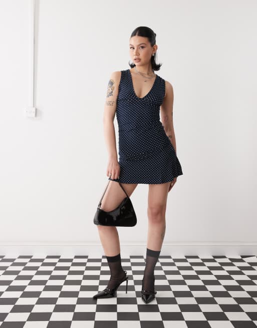 Motel luscian polka dot mini dress in navy | ASOS
