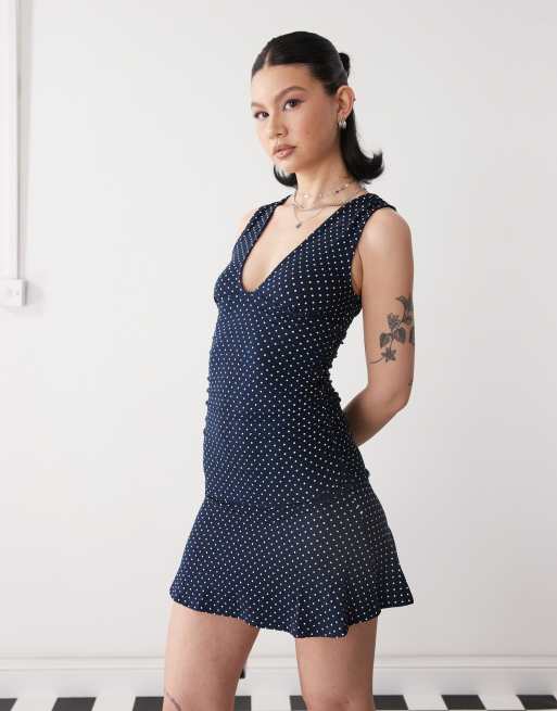 Motel luscian polka dot mini dress in navy | ASOS