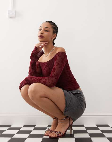 Motel Lutana long sleeve flocked top in maroon - view 1