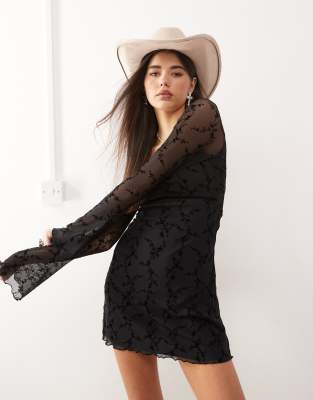 motel luth flocked mini dress in black