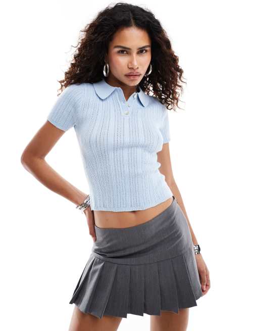 Motel lynetta knitted fitted polo shirt in baby blue