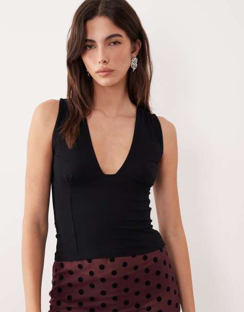 Motel Lynod rayon plunge v neck top in black