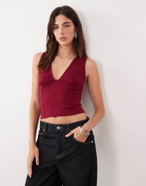 Motel Lynod rayon plunge v neck top in burgundy - view 1