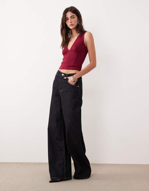 Motel Lynod rayon plunge v-neck top in burgundy, 2 of 4