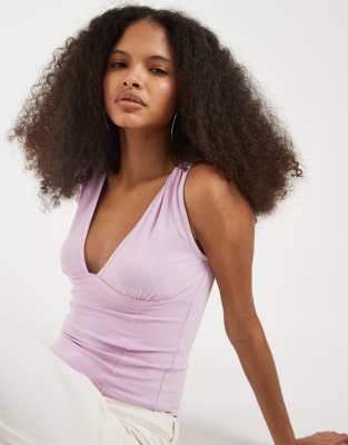 Motel Lynod Rayon Plunge V Neck Top In Purple