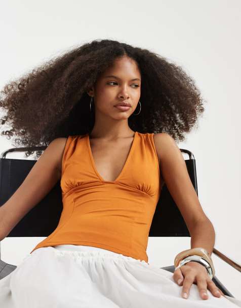 Motel - Lynod - Top van rayon met diepe V-hals in zonsondergang oranje - view 1