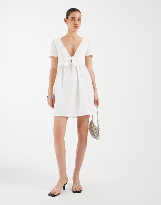 Motel Lyris knot short sleeve mini dress in white, 2 of 4