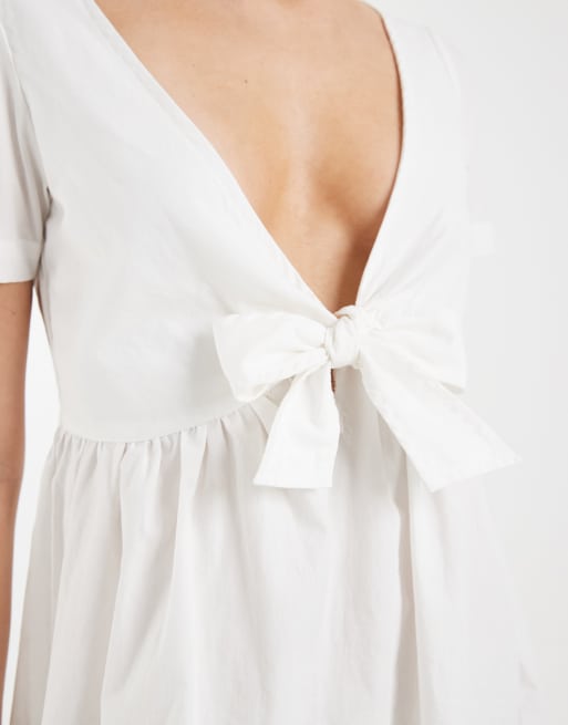 Motel Lyris knot short sleeve mini dress in white, 3 of 4