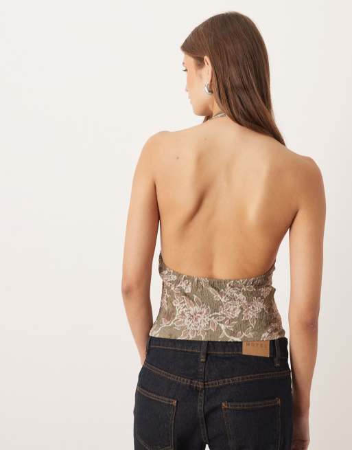 Motel Mabli textured halter neck top in floral green print, 3 of 4