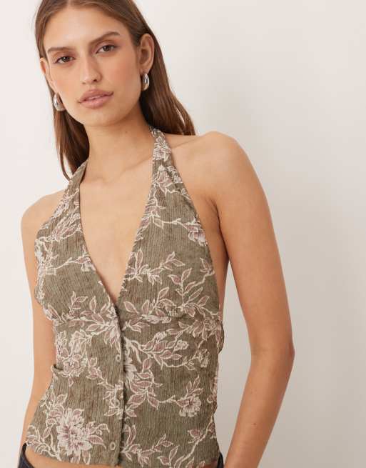 Motel Mabli textured halter neck top in floral green print, 4 of 4