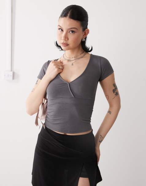 Motel machiko plunge front wrap top in charcoal gray - view 1