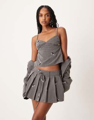 Motel Madira Floral Ebroidered Cami Top In Gray