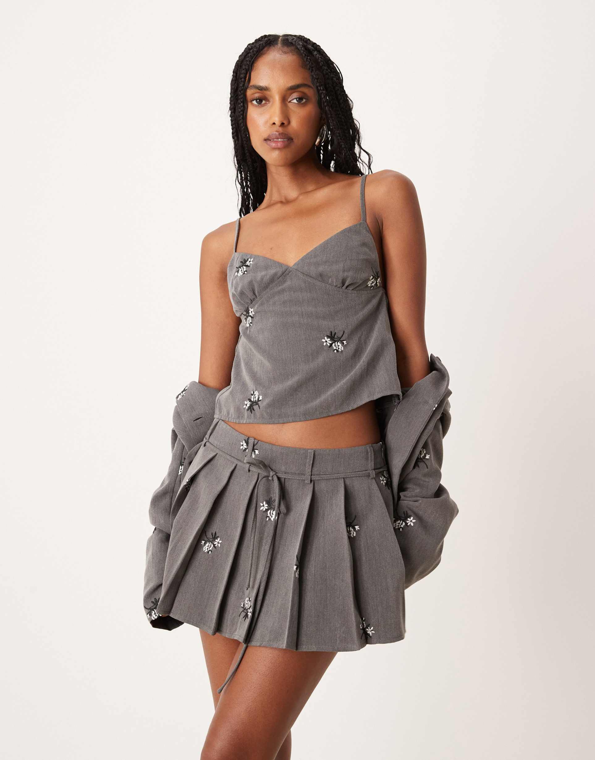 motel madira floral ebroidered cami top in gray - part of a set