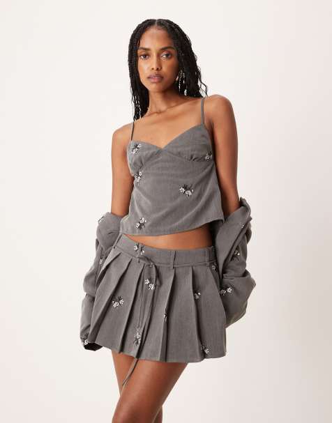 Motel Madira floral ebroidered co-ord cami top in grey