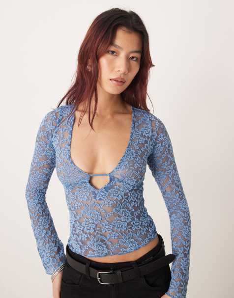 Motel Mahota deep plunge long sleeve lace top in dark blue - view 1