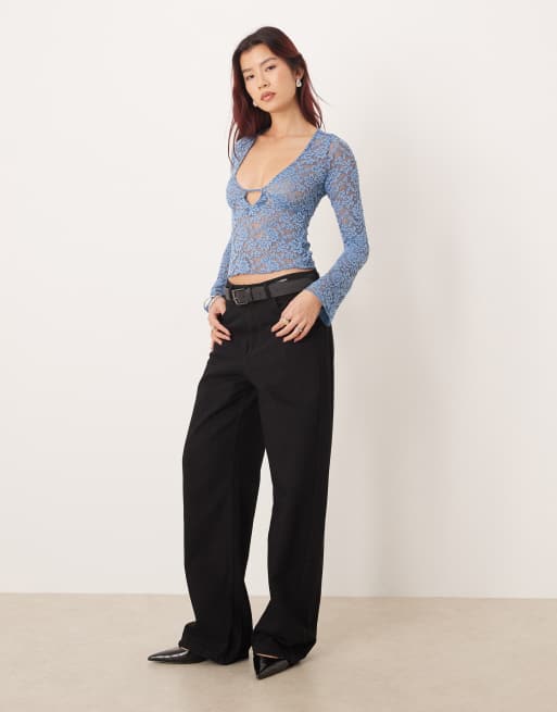 Motel Mahota deep plunge long sleeve lace top in dark blue, 2 of 4