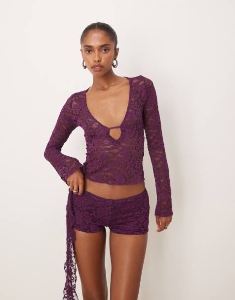 Motel mahota v neck long sleeve top in lace purple co-ord