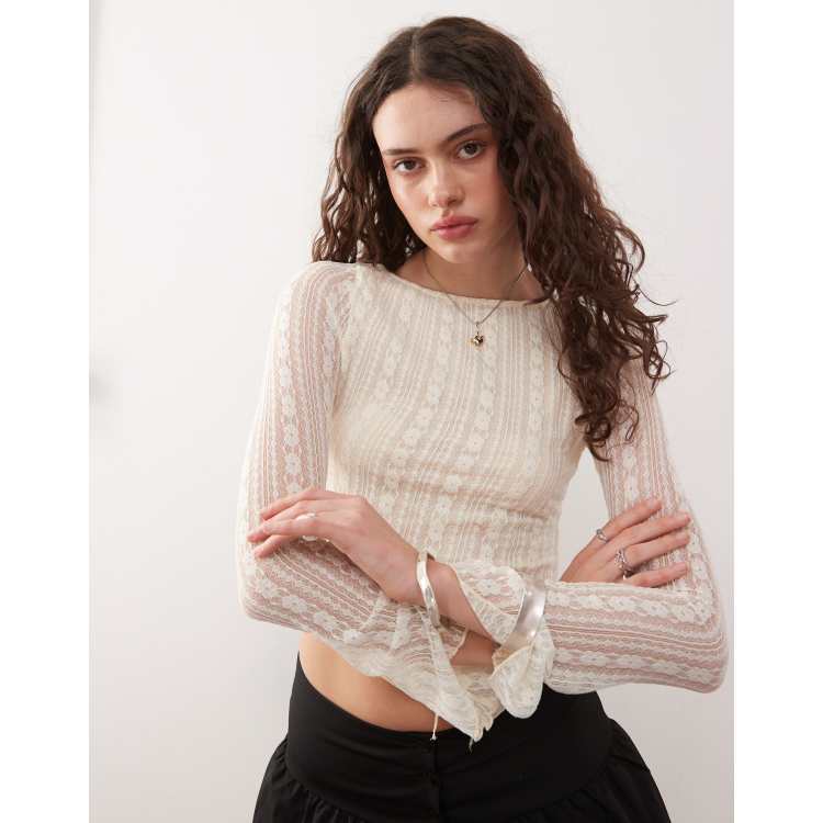 Motel Malakai asymmetric long sleeve lace top in ivory | ASOS