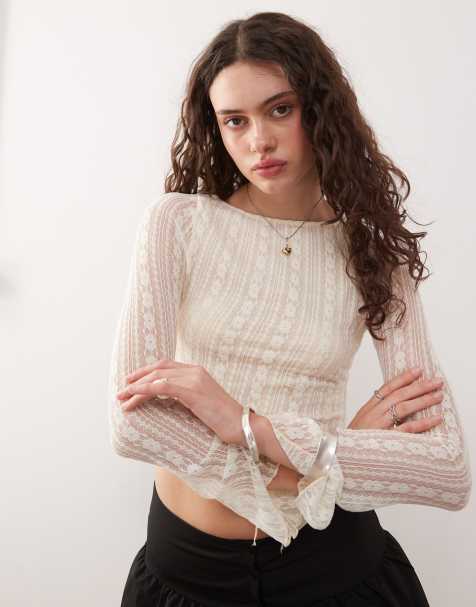 Motel Malakai asymmetric long sleeve lace top in ivory