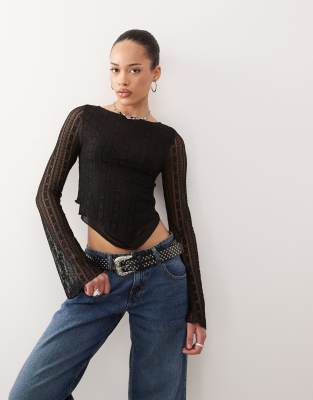 Motel Malakai Lace Long Sleeve Asymmetric Hem Top In Black