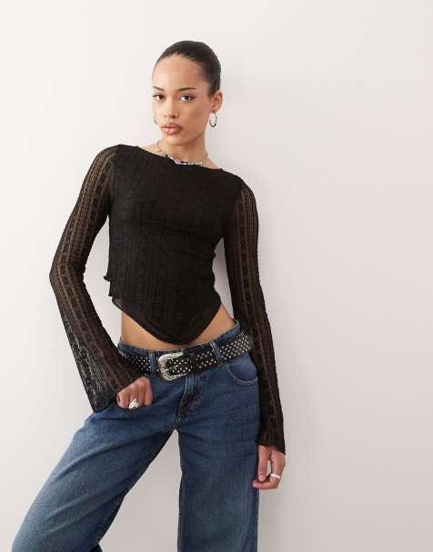 Motel malakai lace long sleeve asymmetric hem top in black - view 1