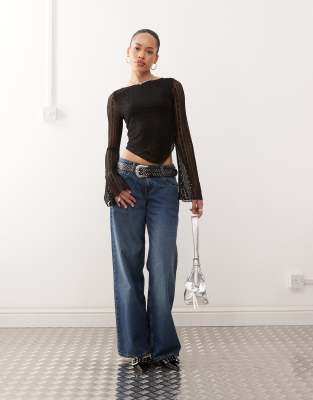 Motel Malakai Lace Long Sleeve Asymmetric Hem Top In Black