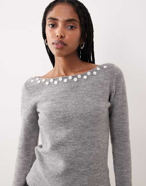 Motel – Manahi – Pullover in Grau mit U-Boot-Ausschnitt und Perlendetail - view 1