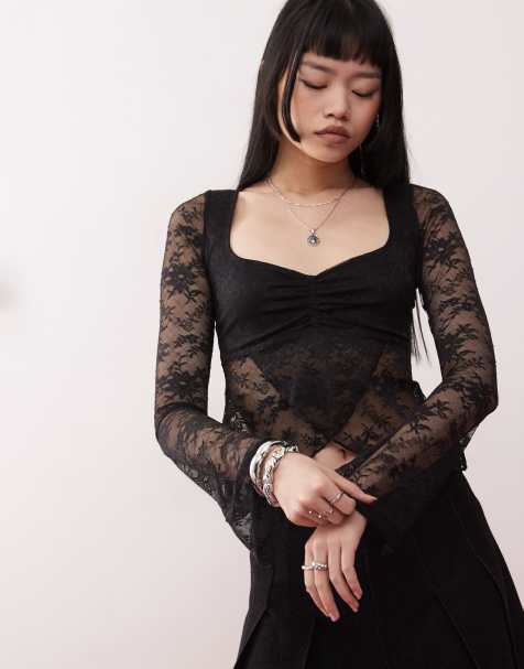 Motel mandira long sleeve lace wrap over top in black