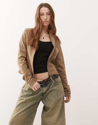 mandy faux suede moto jacket in walnut-Brown