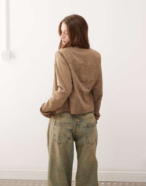 Motel mandy faux suede moto jacket in walnut, 3 of 4