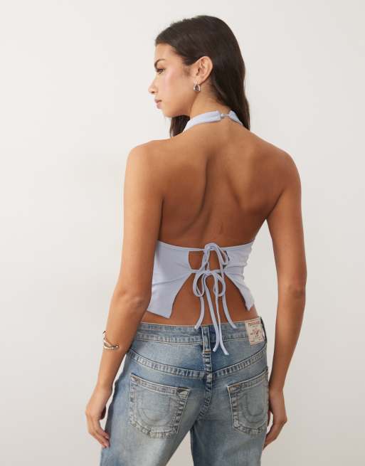Motel Manya backless halter neck top with sequin detail in dusty blue, 2 of 4