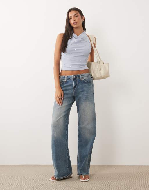 Motel Manya backless halter neck top with sequin detail in dusty blue, 3 of 4