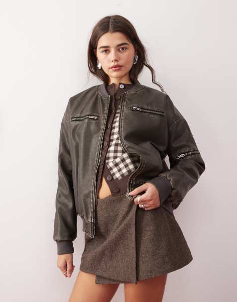 Motel marco distressed faux leather bomber jacket in black - view 1