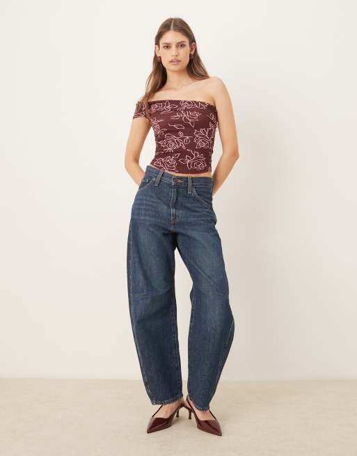 Motel Marga one shoulder bandeau top top in maroon rose detail, 3 of 4