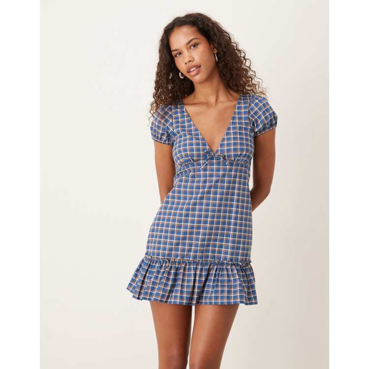 【♡】ANDMARY Selena check mini dress Motel Marika tartan check mini dress in blue | ASOS