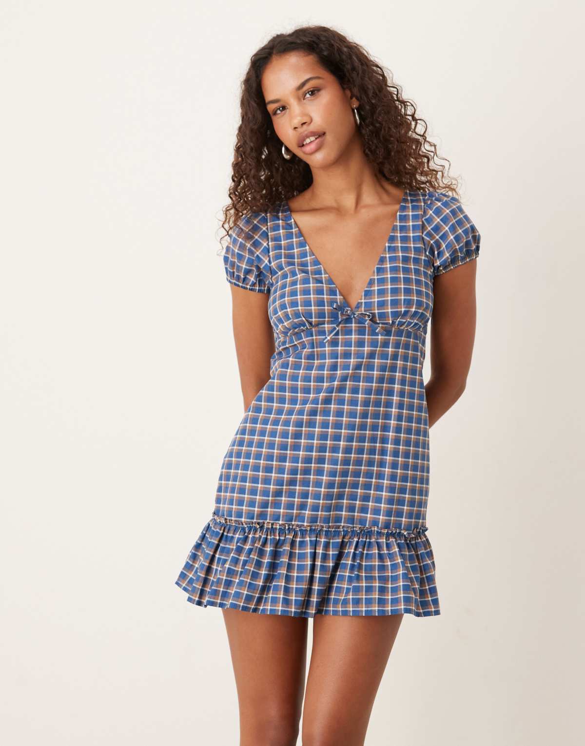Motel Marika tartan check mini dress in blue