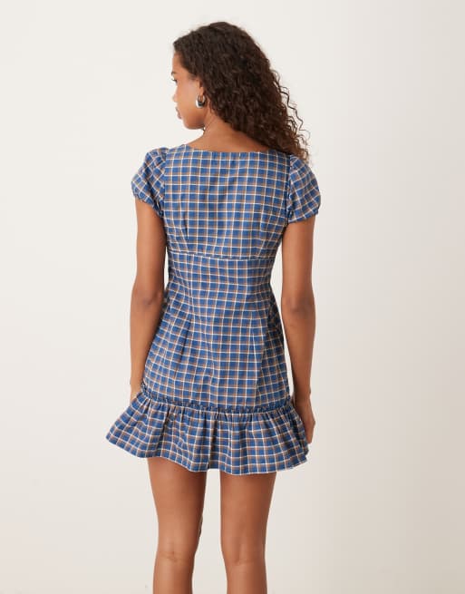 Motel Marika tartan check mini dress in blue, 3 of 4