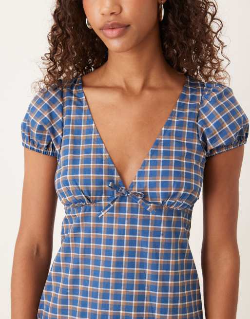 Motel Marika tartan check mini dress in blue | ASOS
